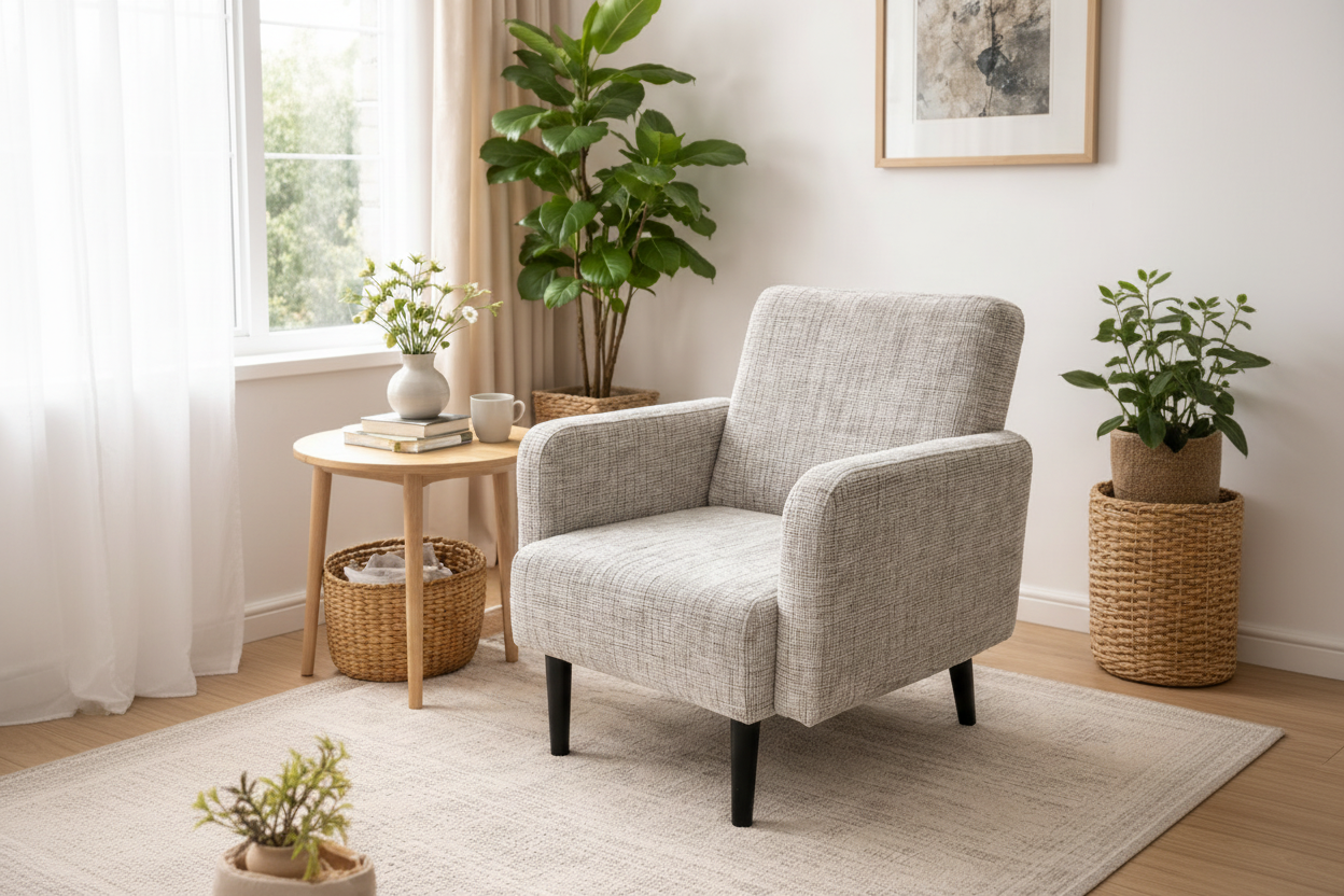 Gray armchair in a living room with a plant and decor items.