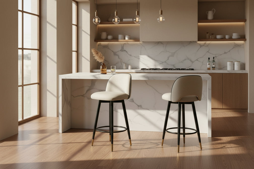 Modern bar stool with beige cushioned seat and black legs on a concrete floor.