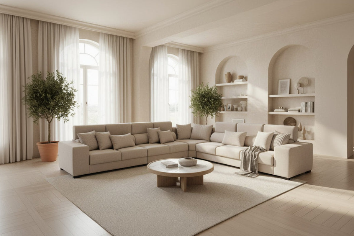 Beige sectional sofa on a gray background