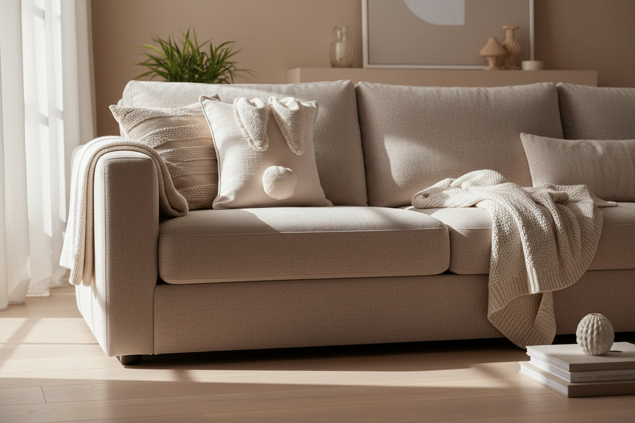 Decorative pillow with rabbit shapes on a light-colored sofa
