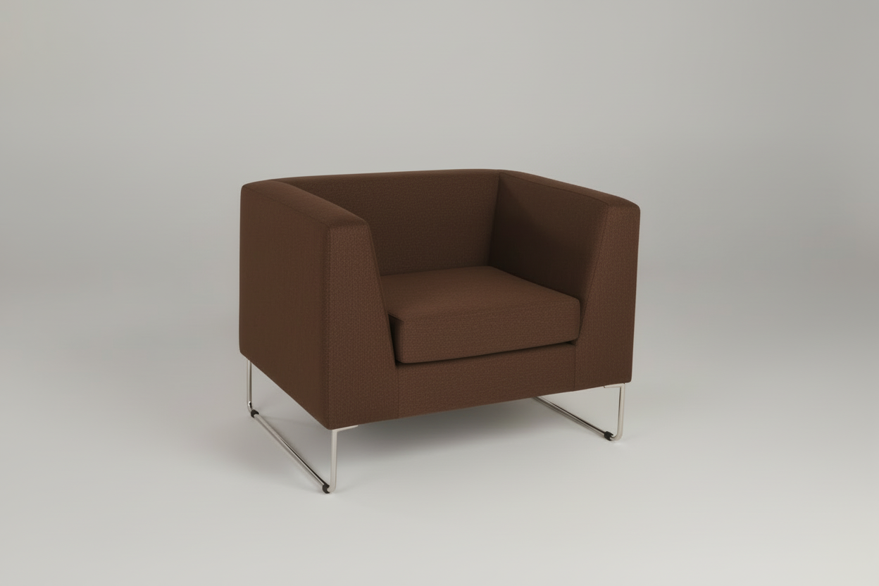 Brown armchair with metal legs on a gray background
