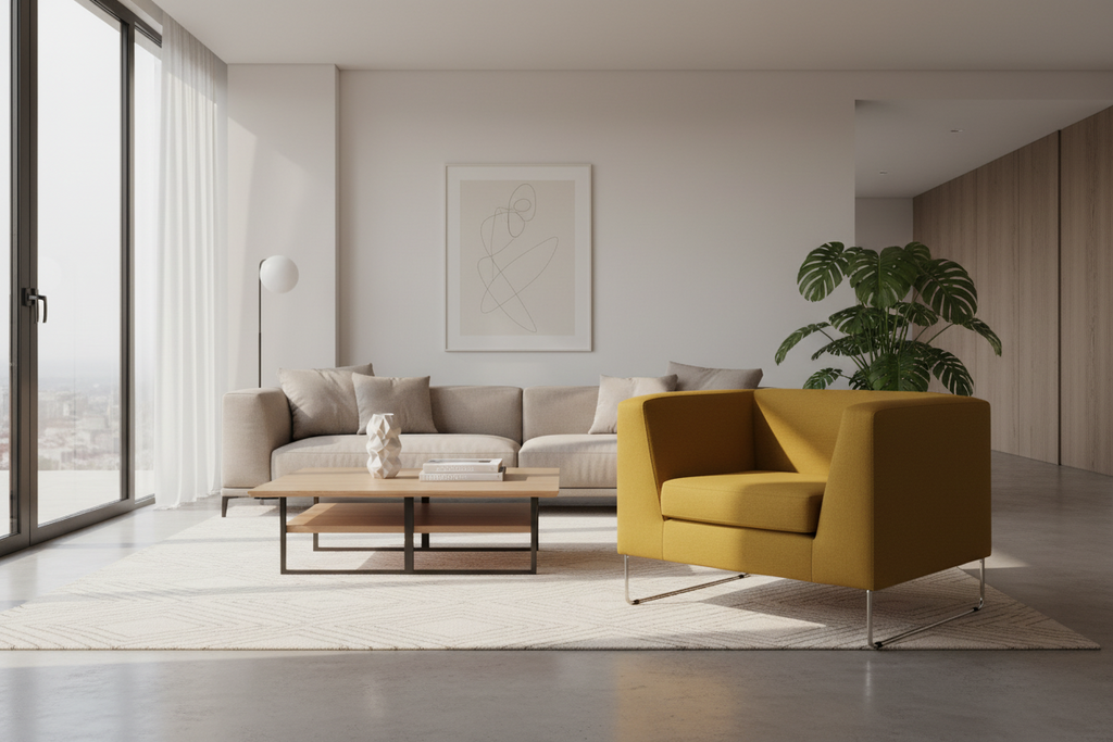 Yellow armchair with metal legs on a white background