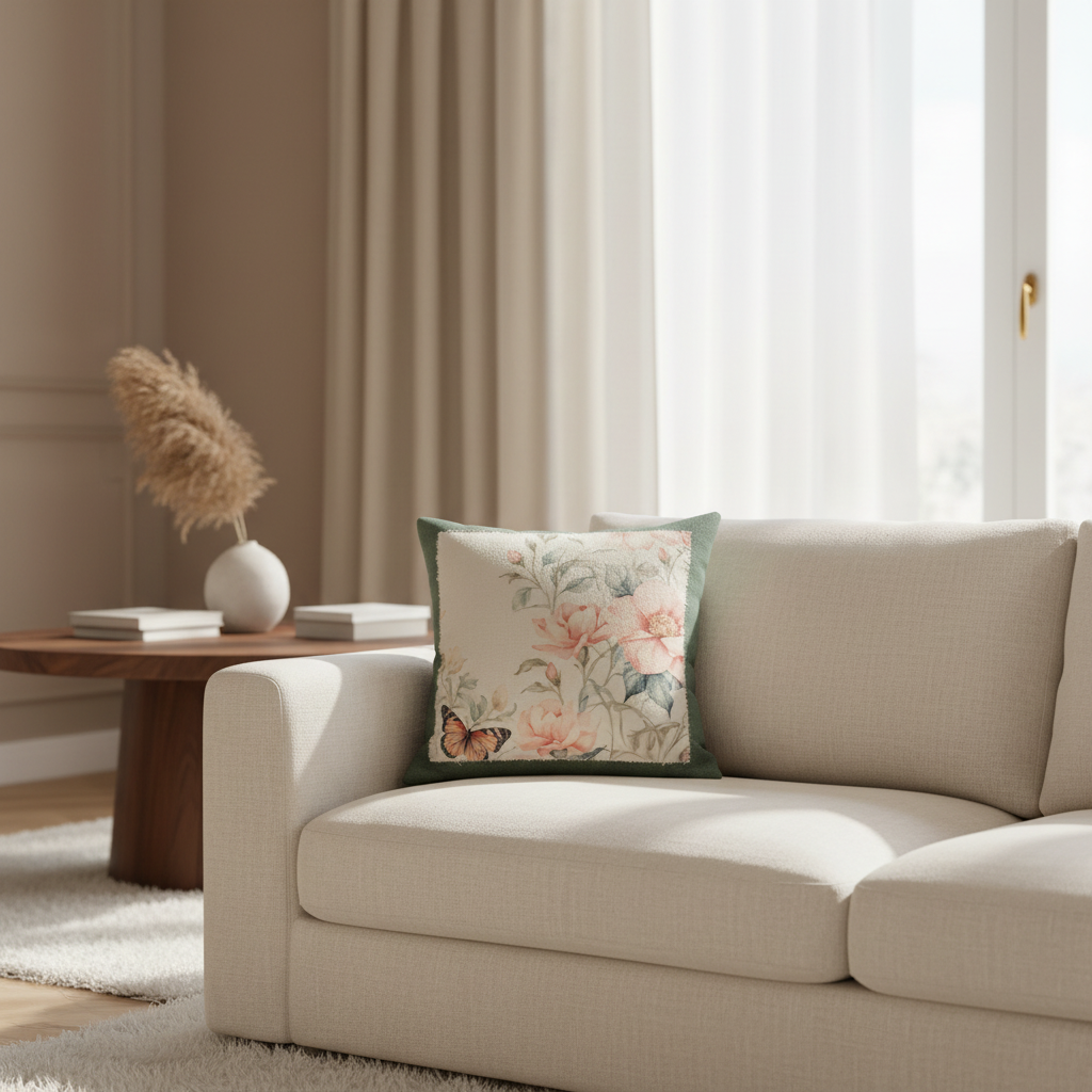 Beige sofa with a floral pillow in a living room setting