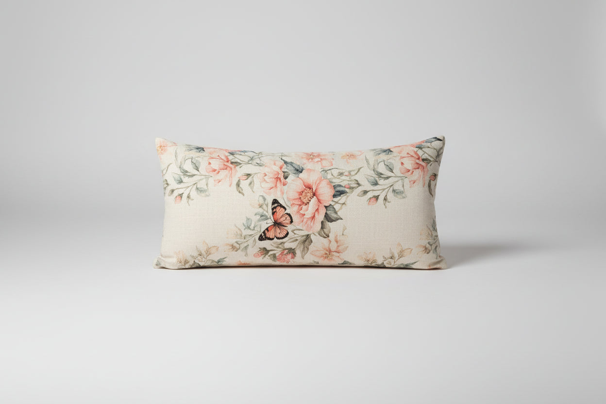 Floral-patterned pillow on a textured sofa with a remote control on the armrest.