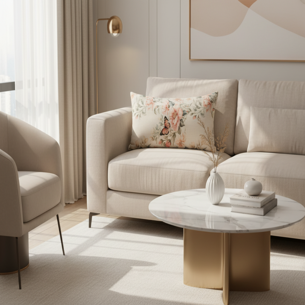Modern living room with beige sofa, armchair, and marble coffee table.