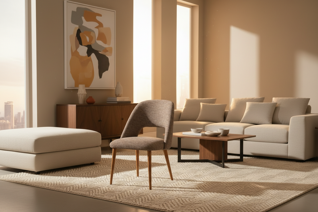 Brown upholstered chair on a concrete floor with a gray wall in the background