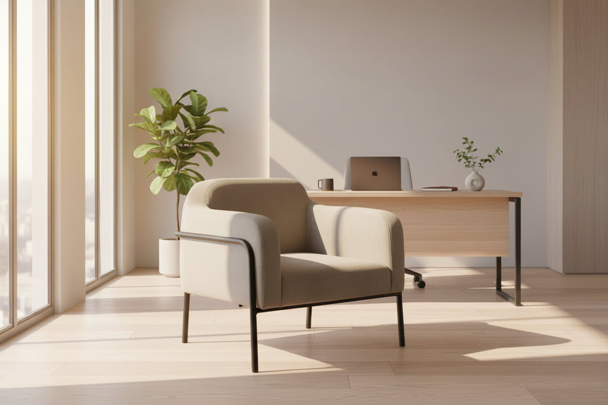 Beige armchair with black metal legs on a white background
