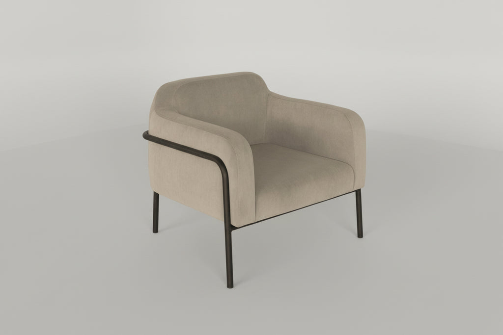 Beige armchair with black metal legs on a white background