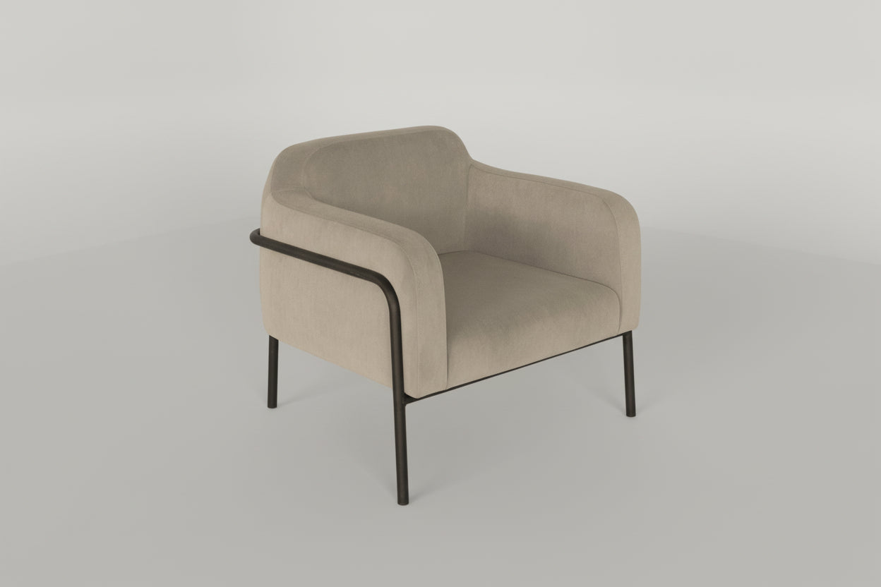 Beige armchair with black metal legs on a white background