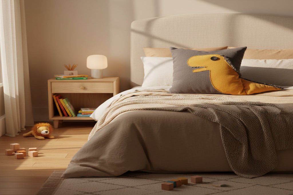 Gray pillow with a yellow dinosaur design on a brown surface against a light gray background