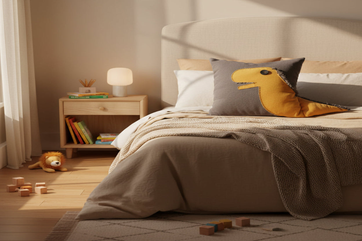 Gray pillow with a yellow dinosaur design on a brown surface against a light gray background