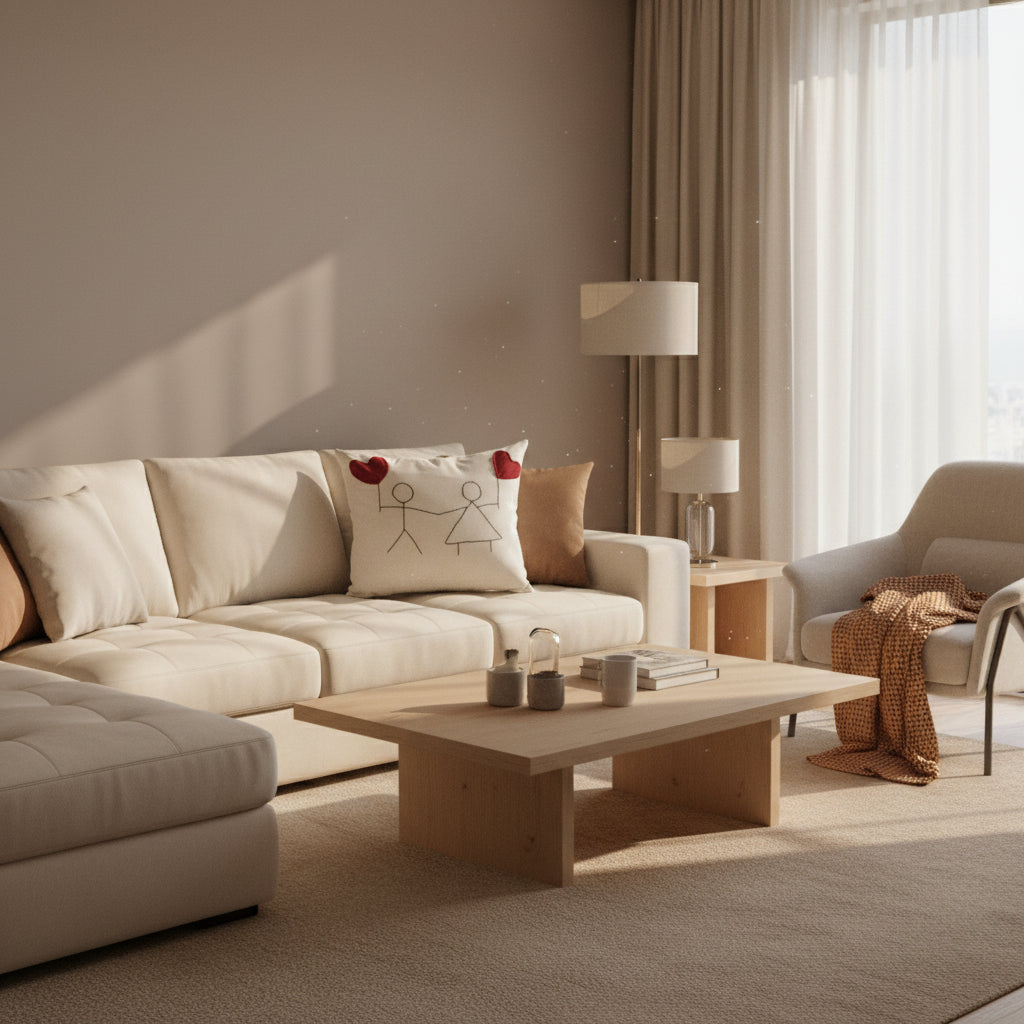 Decorative pillow with stick figures and hearts on a gray couch