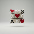 Decorative pillow with heart and cross patterns on a gray chair