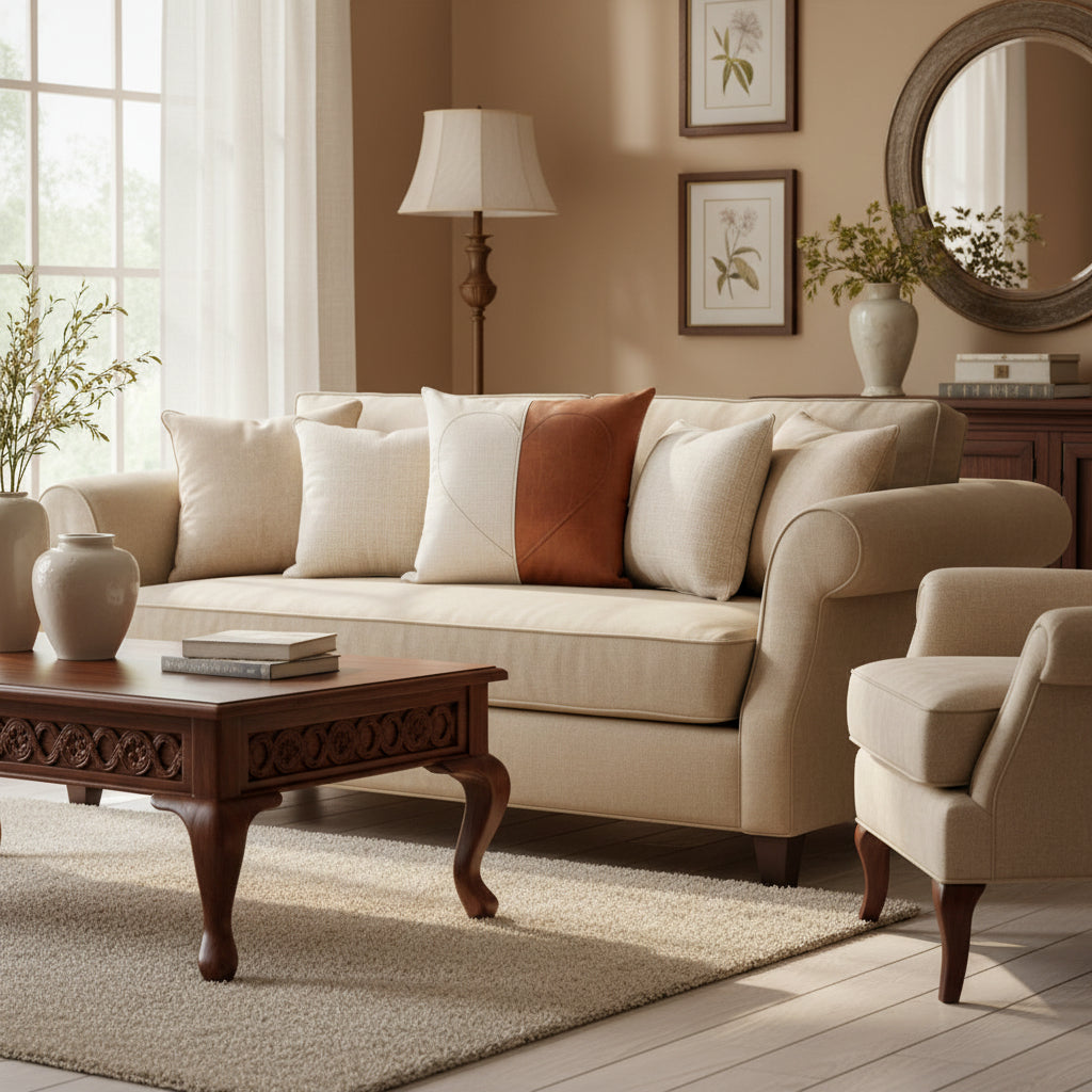 Decorative pillow with heart design on a gray couch