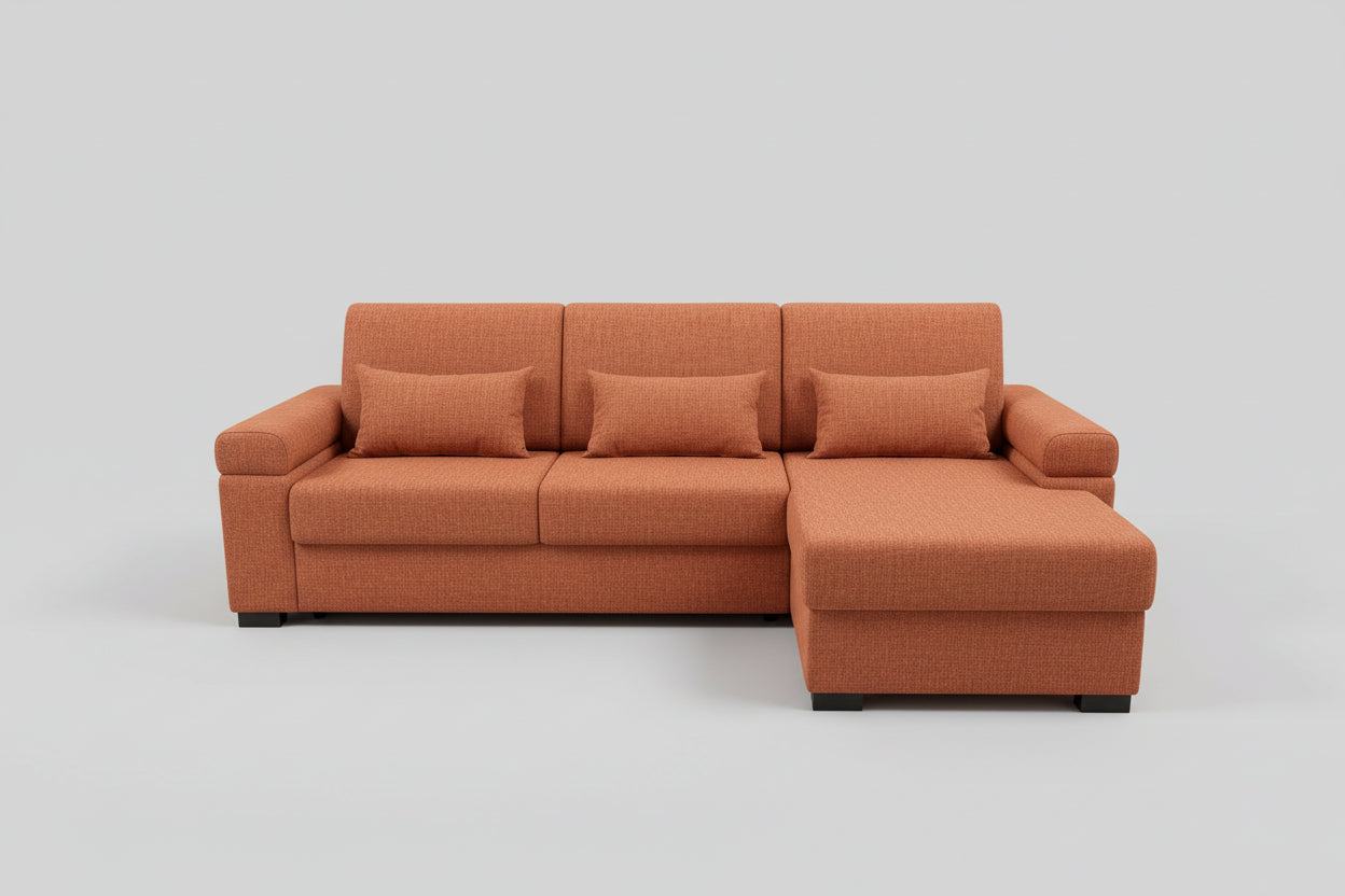 Brown sectional sofa in a room with a rug and window.