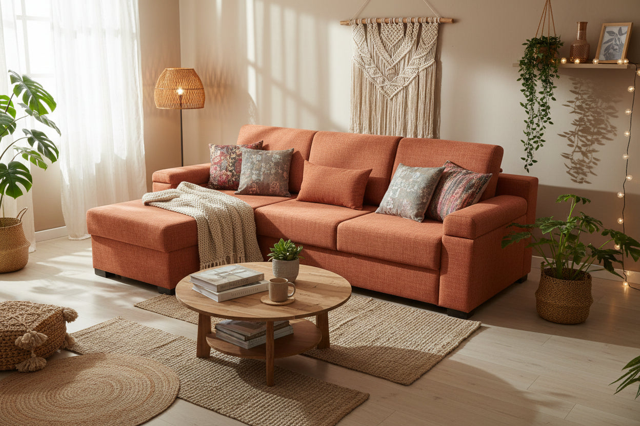 Orange sectional sofa in a modern living room setting with gray flooring and white walls.