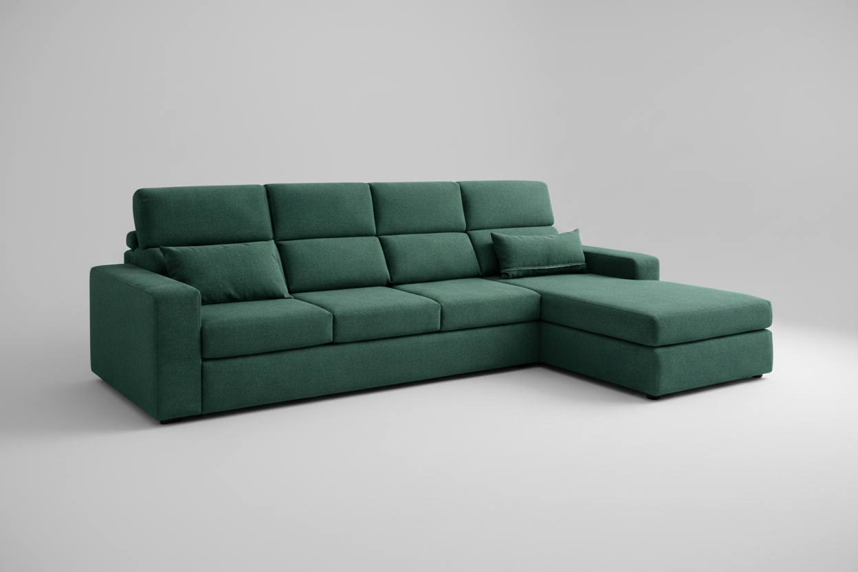 Green sectional sofa in a living room with a coffee table and decor items.