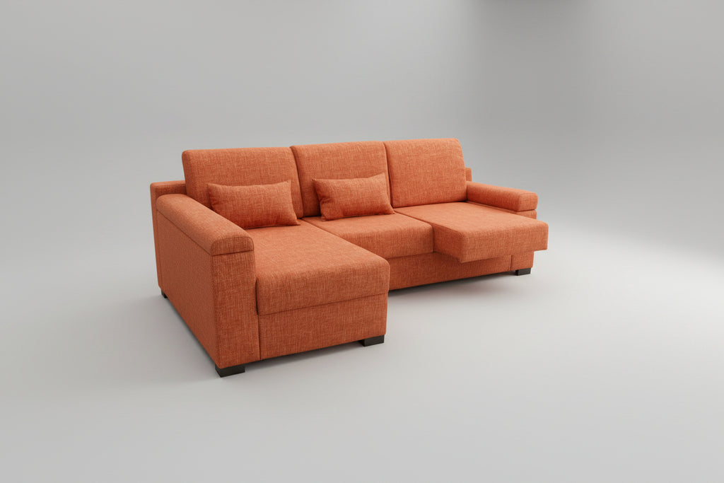Orange sectional sofa in a room with a gray floor.
