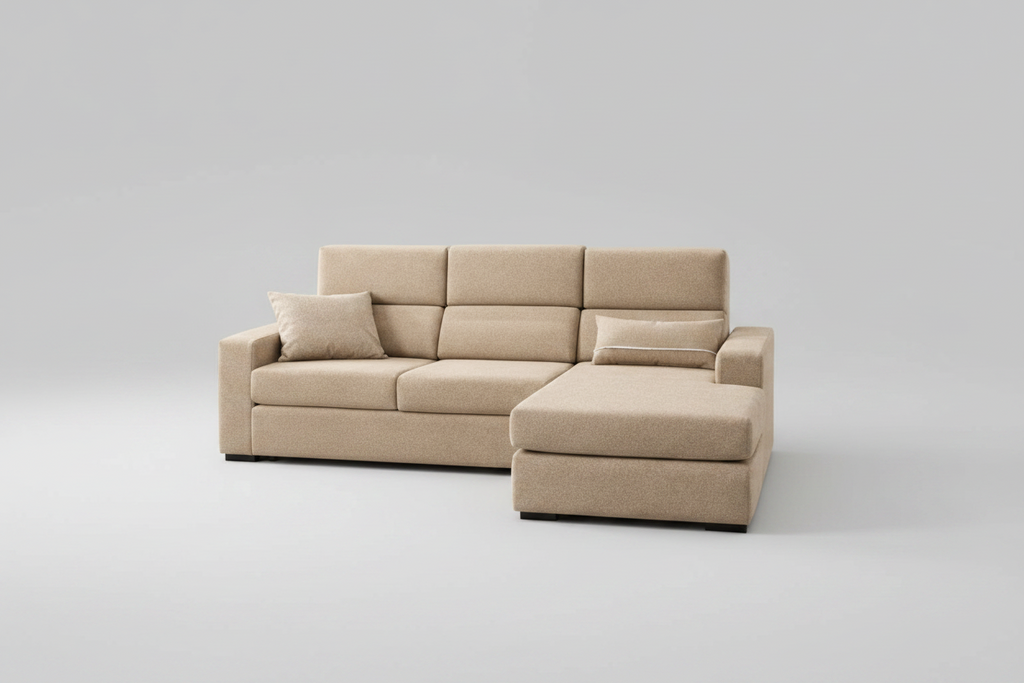 Beige sectional sofa in a living room with decor elements.