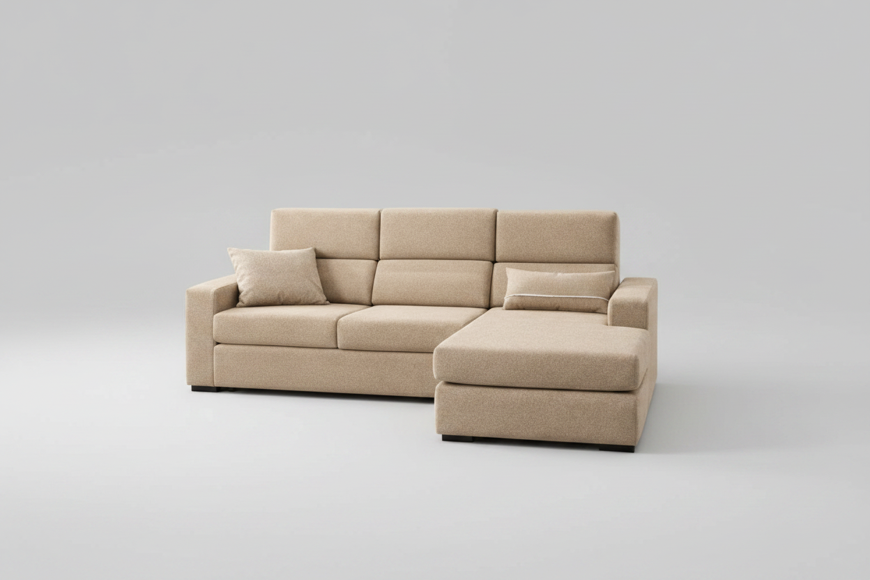 Beige sectional sofa in a living room with decor elements.