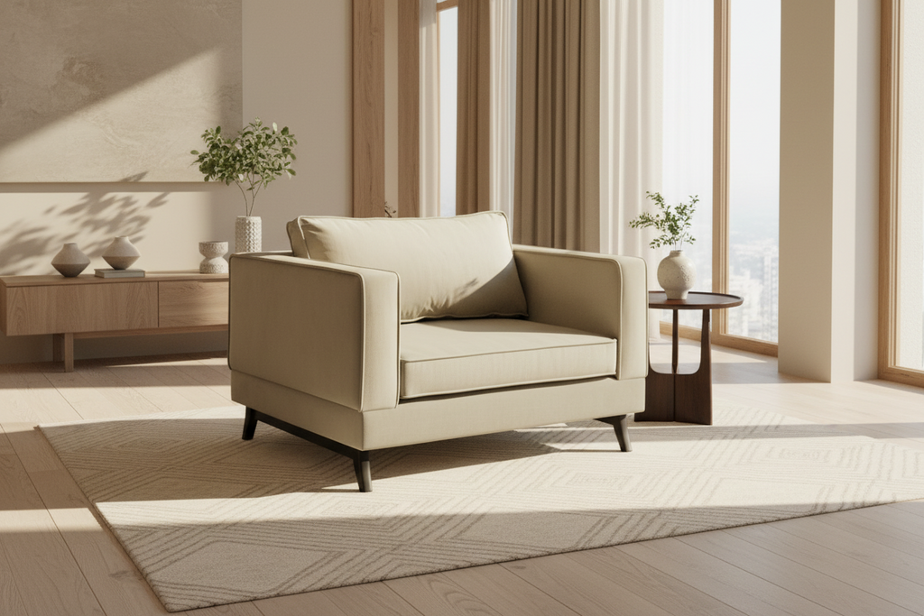 Beige armchair with a pillow on a white background