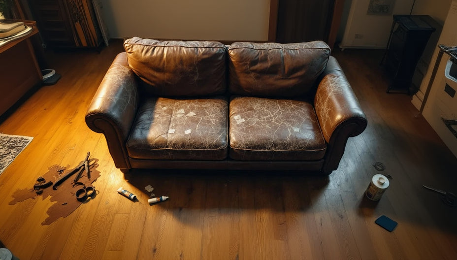Worn brown leather sofa on a wooden floor with scattered tools.