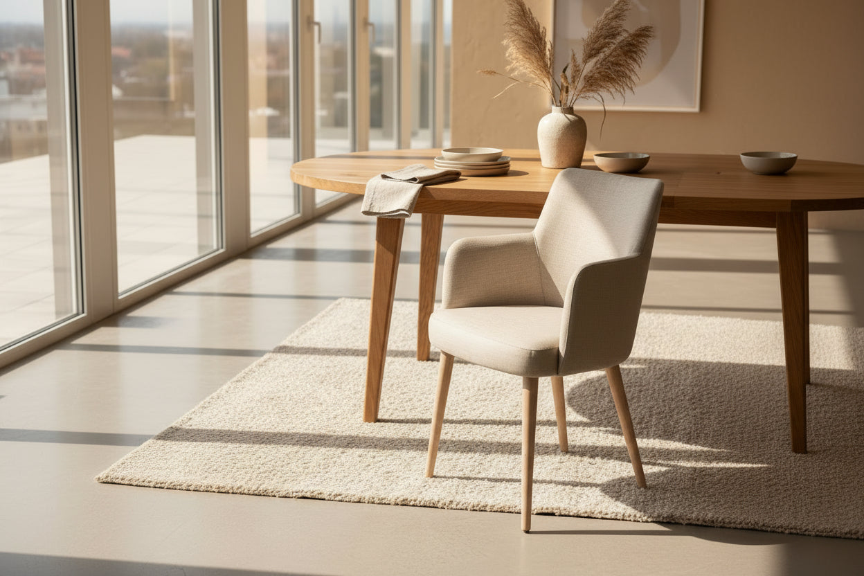 Beige chair with wooden legs on a concrete floor next to a marble table.