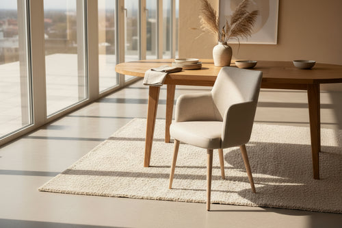 Beige chair with wooden legs on a concrete floor next to a marble table.