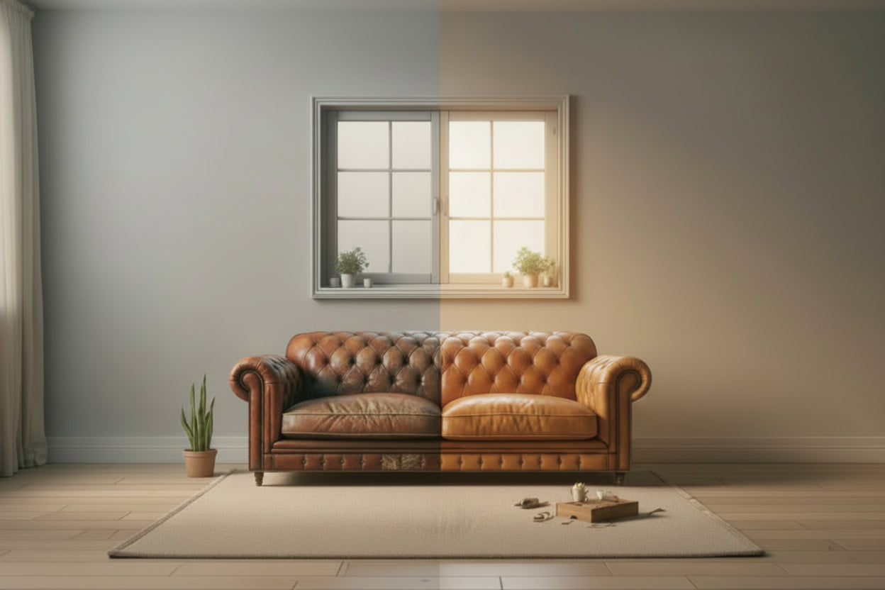 Brown leather sofa in a room with a window and plants